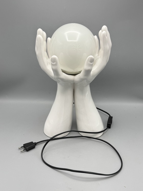 Image 1 of 80s Design Table Lamp With Hands And Glass Sphere