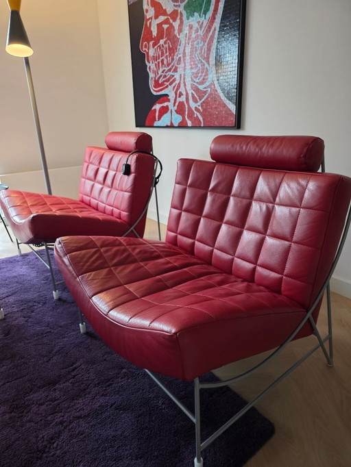 Leolux Volare 2x fauteuil met hoofdsteun en 1 x hocker / rood leder SENSO FERRARI 