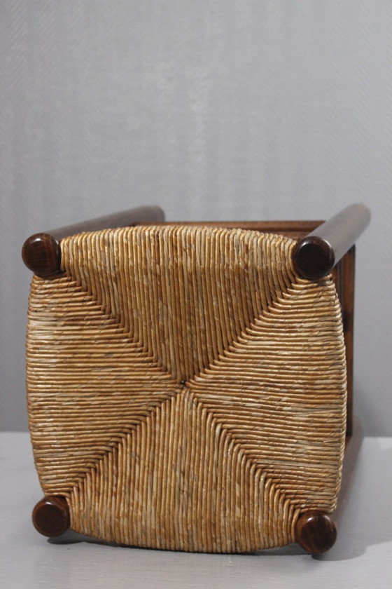 Image 1 of Vintage rieten kruk, in de stijl van Charlotte Perriand, jaren 70.