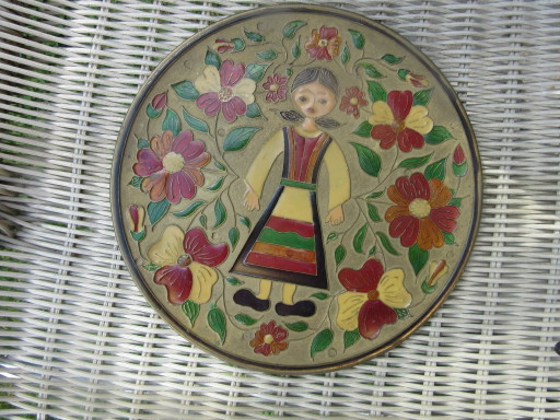 Mid century Enamelled Metal Folk Art Wall Plate - young girl and floral design - diam. 20 cm