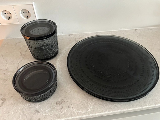 Iittala Kastehelmi 2 bowls and 2 storage jars dark gray
