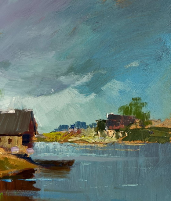 Image 1 of Original Oil Painting Coastal Village Landscape Quiet village harbour
