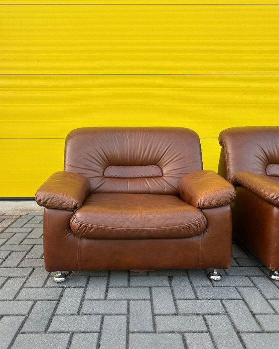 Vintage brown leather Danish lace Armchairs 70s (photo 4 of 21)