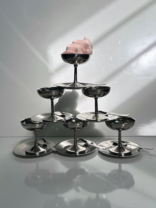 6x Italienische Dessertschalen Inox Eisbecher Metall Dekor Pokal Glas 80er Gelato Becher Fußschale Edelstahl Italien