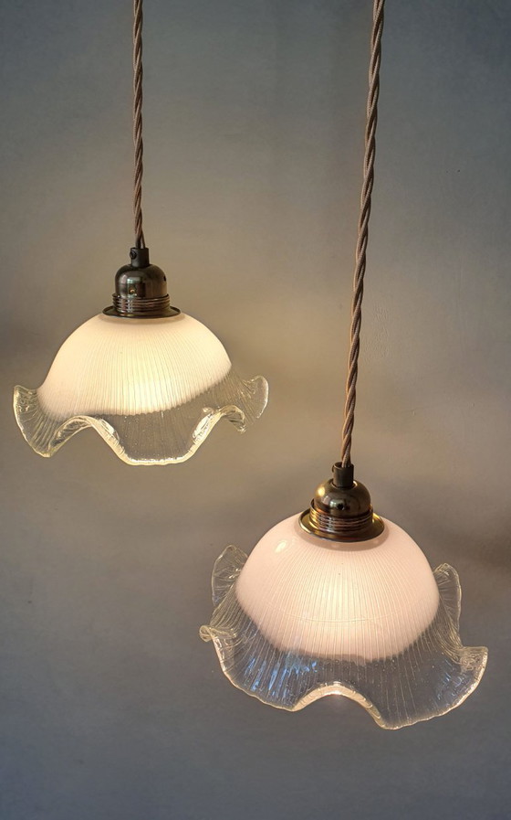 Set di 2 lampade a sospensione vintage in vetro bianco satinato, forma floreale, texture – Metal (photo 14 of 23)