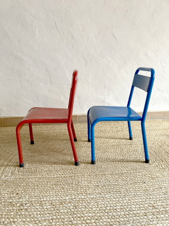 Image 1 of Pair of Mullca nursery chairs in metal and wood painted red and blue, 1950s