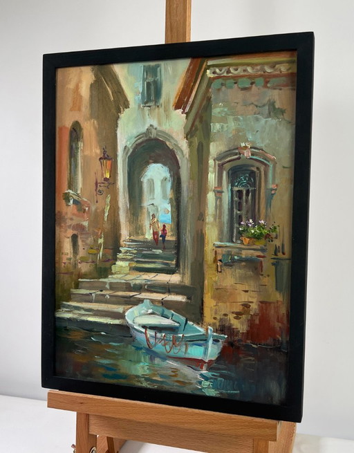 Pintura al óleo original: Paisaje de casas de verano con un barco en medio de las calles de la ciudad.