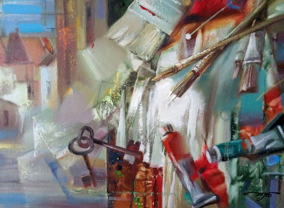 Original Oil Painting Abstract Expressionism Landscape Symbolism City View – Paintings & Drawings, Canvas (photo 4 of 10)