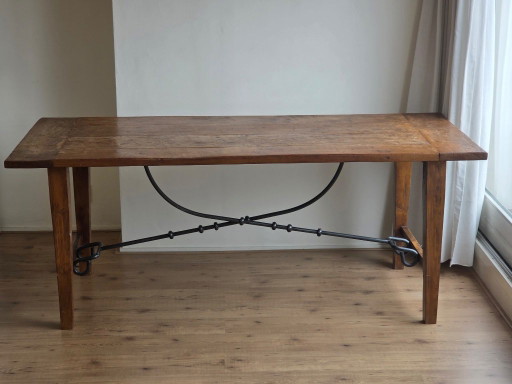 Antique Spanish Trestle Dining Table - Solid Wood & Wrought Iron (200x89 cm) – eettafels
