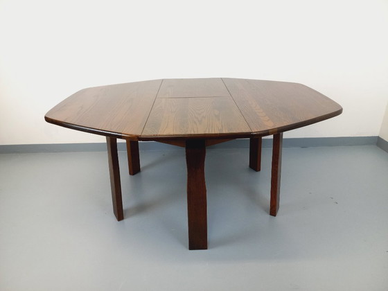 Image 1 of Vintage brutalist hexagonal oak dining table from the 1950s with extension