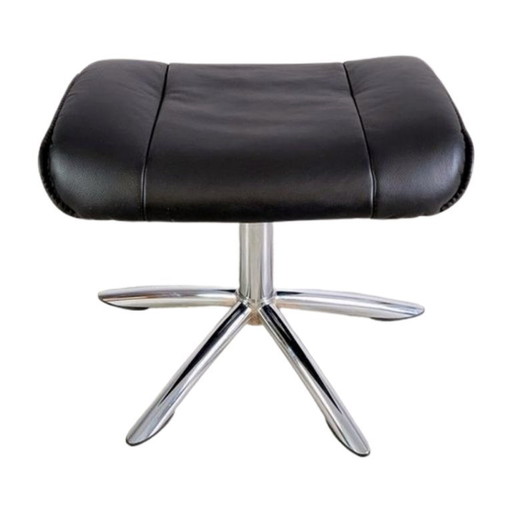 Ottoman leather stool, black, vintage 1990s, footstool