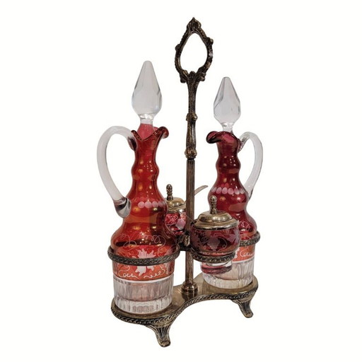 Convoy / Oil, vinegar, salt and pepper set, Bohemian crystal, silver-plated metal, 1940s – Czech Republic