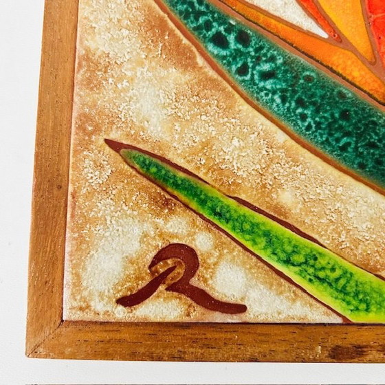 Image 1 of Sottobicchiere vintage in piastrelle Vallauris, decorazione murale Strelitzia di Raymonde Leduc, anni '60.