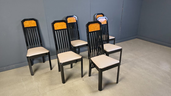 Image 1 of Chaises de salle à manger vintage en loupe de bois et laque, années 1980