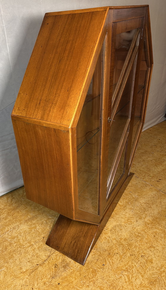 Image 1 of Art Deco Vintage Brocante Walnut Hexagonal Display Cabinet – 1920–1930 Striking Geometric Design | Elegant Display Storage