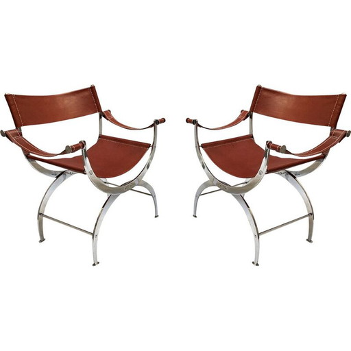 Paire de chaises curules vintage en cuir et métal chromé, 1970