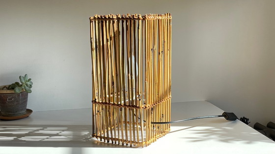 Image 1 of LAMP Cube Wood and Wicker VINTAGE