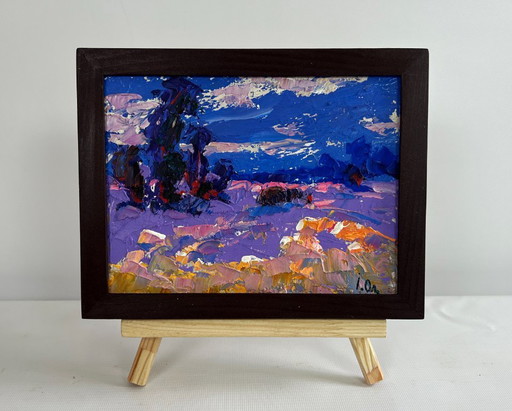Original Oil Painting Evening Field Landscape Cold evening in the field