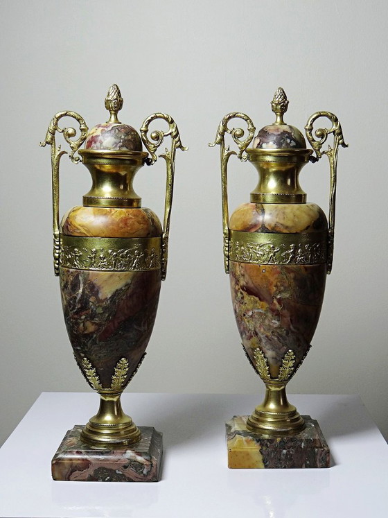 Image 1 of Pair of cassolettes in breccia marble and gilt bronze, Napoleon III 19th century