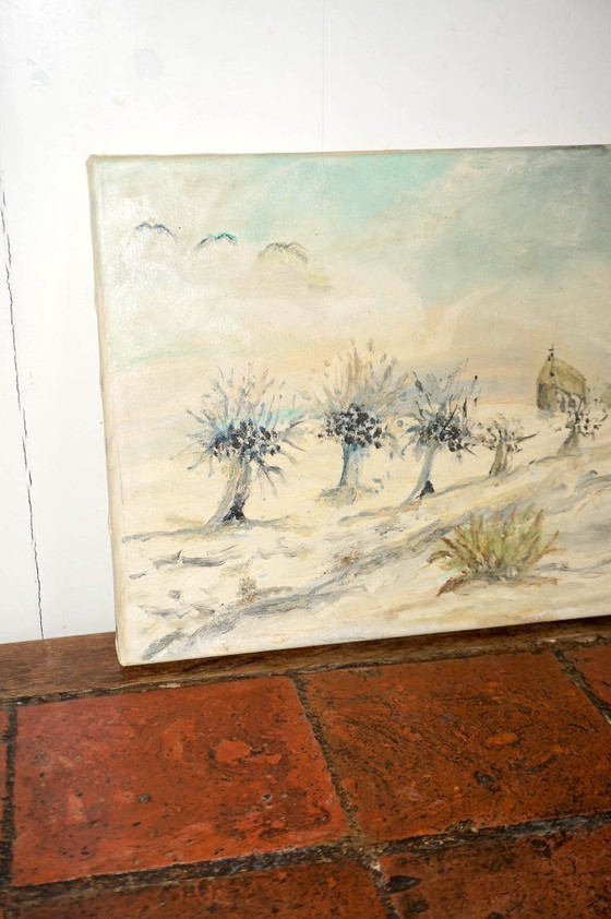 Image 1 of Olieverfschilderij van een winterlandschap * besneeuwd landschap * vintage kunst uit het midden van de 20e eeuw * gesigneerd