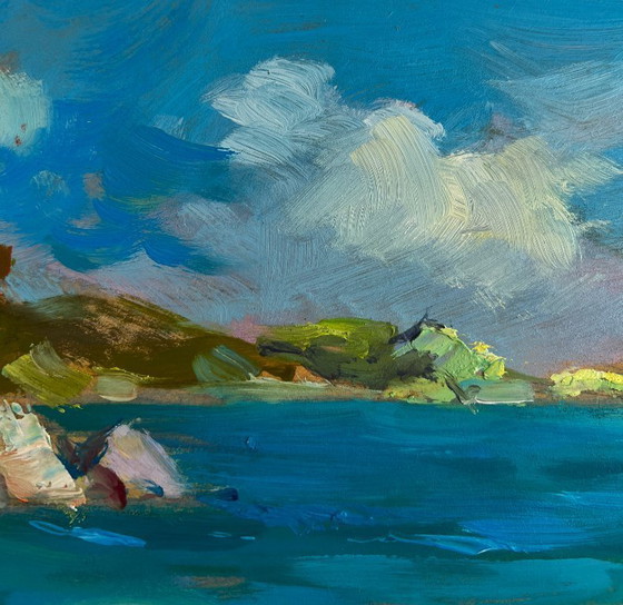 Image 1 of Original Oil Painting Coastal Rock Landscape Boat on the seashore