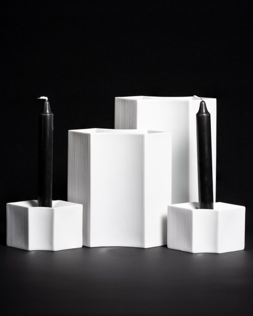 Vintage ROSENTHAL Sami Wirkkala German Bisque Porcelain Vase Duo & Candleholders