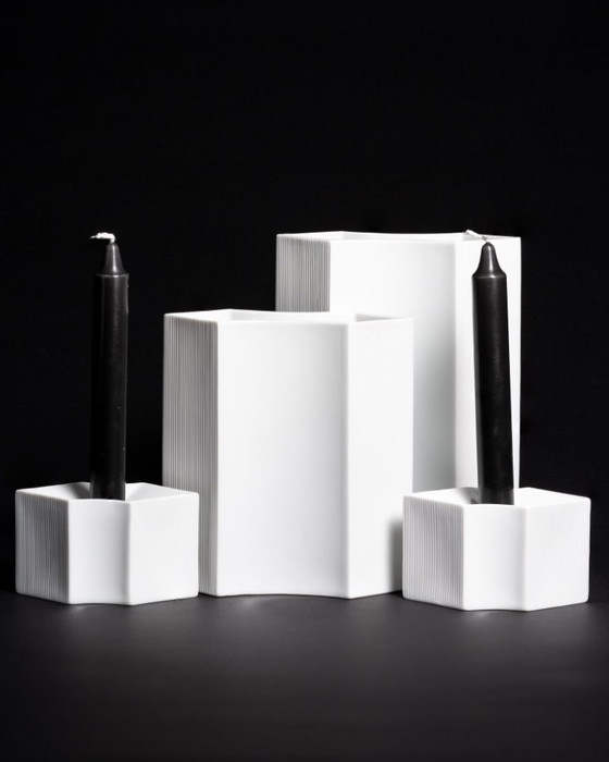 Image 1 of Vintage ROSENTHAL Sami Wirkkala German Bisque Porcelain Vase Duo & Candleholders