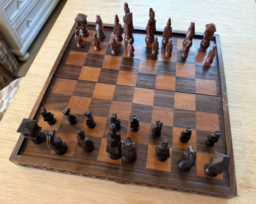 Vintage hand carved wooden chess board chess board