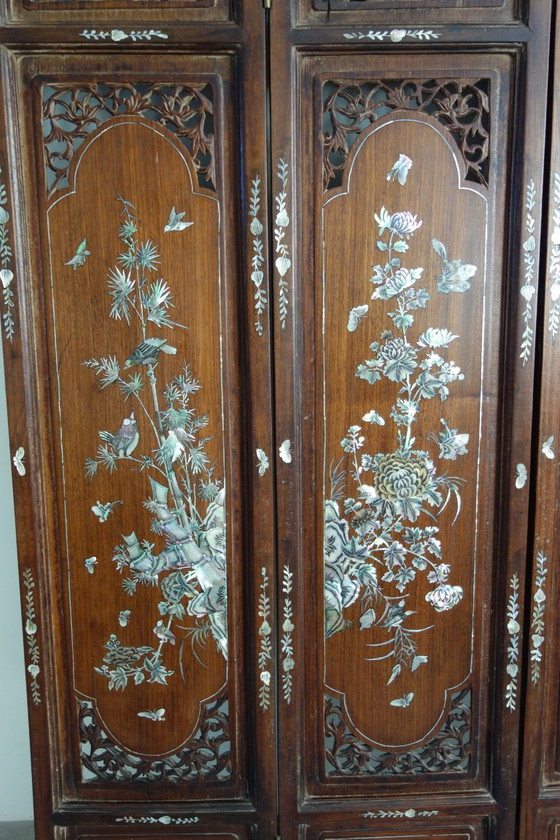 Paraventi asiatico in legno intagliato e intarsio di madreperla, Altro, Marrone (foto 12 di 19)