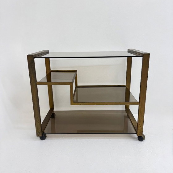 Image 1 of Barwagen aus Messing mit Rauchglas aus der Mitte des 20. Jahrhunderts, 1970er Jahre