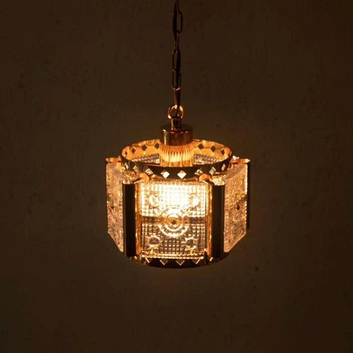 Vintage hanglamp messing & ijsglas, Vitrika glass pendant