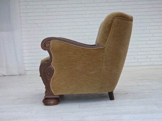 Image 1 of 1960s, Danish armchair, original green furniture velour, carved oak wood.