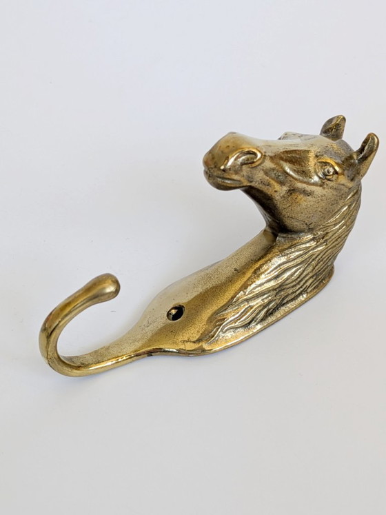 Image 1 of Set of 3 Vintage Brass Horse Head Wall Hooks Equestrian Heritage Accent