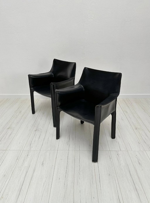 Ensemble de 2 fauteuils de salle à manger vintage en cuir CAB 413, conçus par Mario Bellini pour Cassina, design italien, années