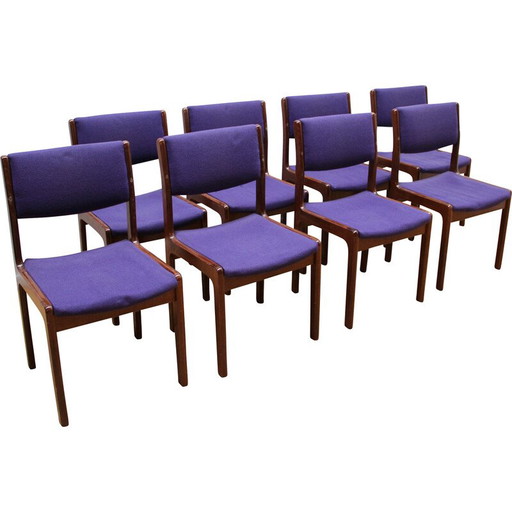 Set of 8 vintage dining chairs in varnished wood and purple wool