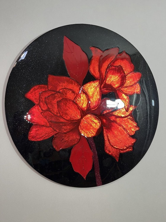 Image 1 of Grande décoration murale florale rouge – Peinture florale texturée avec feuille d'or