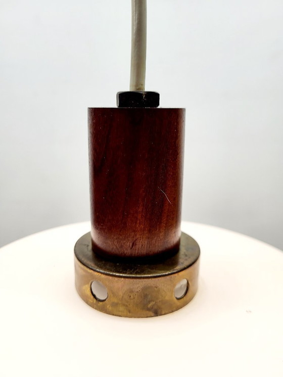Image 1 of Vintage opaline glazen hanglamp, Scandinavische stijl, teak en messing, jaren 60