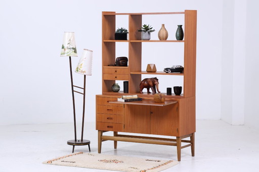 Vintage teak shelf 60s | Mid - Century bookcase with sliding doors retro wood storage #05-57