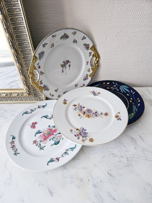 Lot prestige 4 assiettes Porcelaine de Limoges Bernardaud et Co et Emaux Bleu de Four décor fleurs