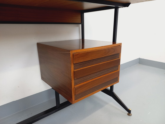 Image 1 of Italian modernist desk with built-in modular string bookcase in teak, metal and melamine from the 60s