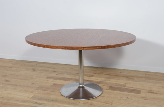 Magnifique table de salle à manger design vintage danoise – Jatoba & aluminium – années 70 – Ø130 cm (photo 3 of 9)