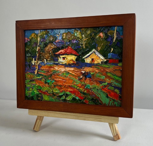 Original Oil Painting Summer Village Landscape Sunny day in the garden