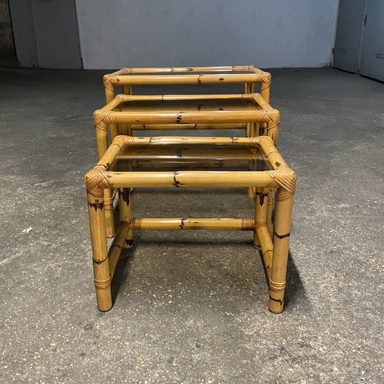 Image 1 of Bamboo and Smoked Glass Nesting Tables