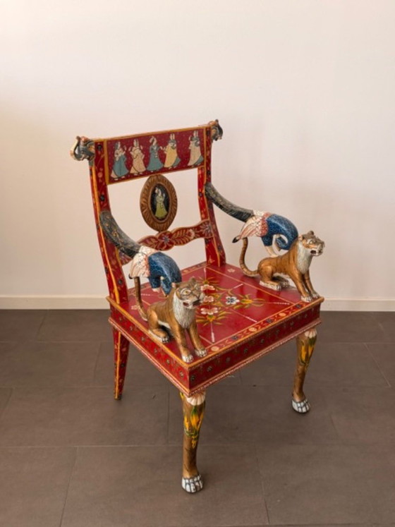 Pair of Maharaja Throne Armchairs “Tiger & Peacock” Rajasthan, India '90 – Side chairs, Wood (photo 6 of 6)