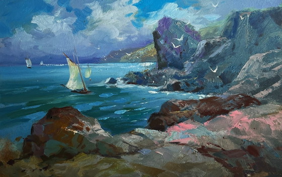Image 1 of Originales Ölgemälde: Küstenlandschaft mit Möwen und felsigem Ufer im Meer