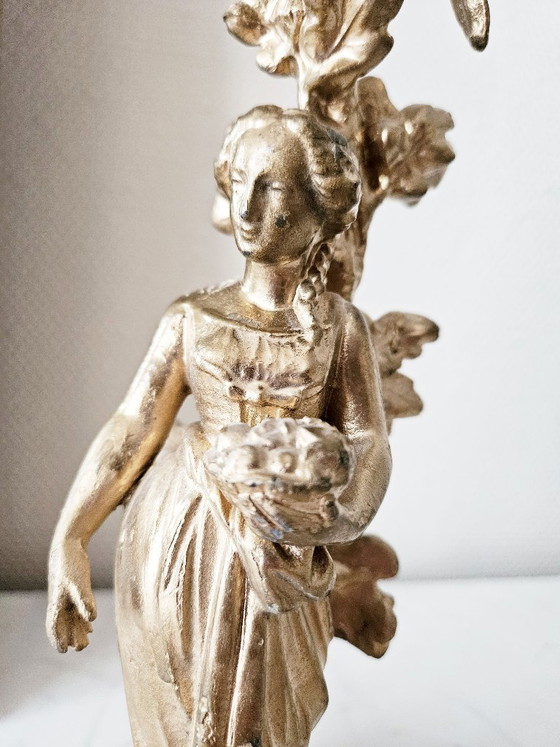 Image 1 of Ancien Bougeoir Bronze Napoléon III Figurine Femme 29 cm Style Rocaille Objet Collection Bon État