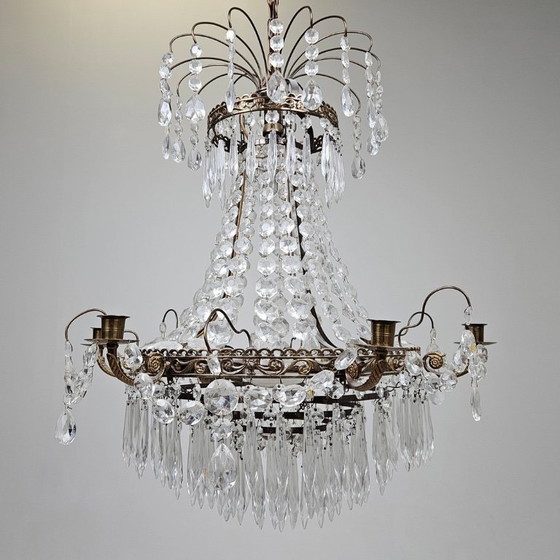 Image 1 of Empire-Style Brass Chandelier — Prism Décor — 7-Light Statement Piece — 20th Century
