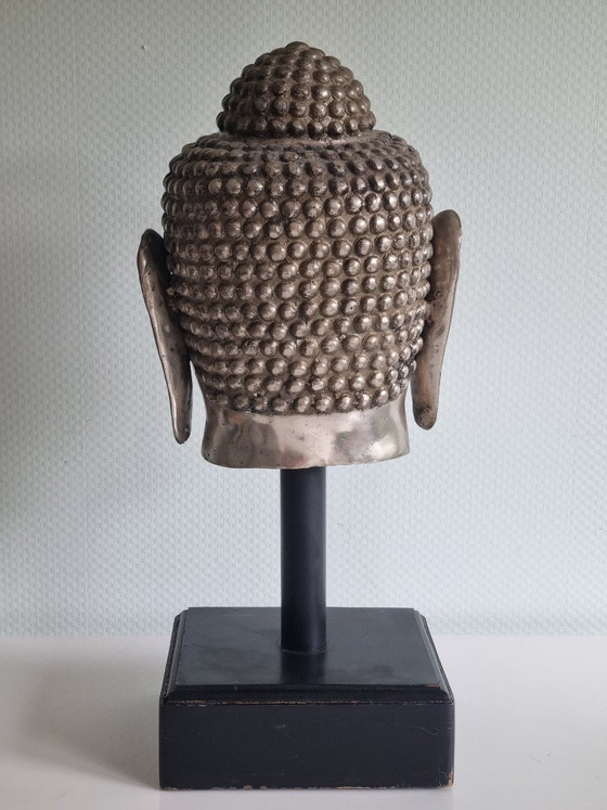 Image 1 of Large Buddha head on a wooden base (61 cm) – Asian sculpture