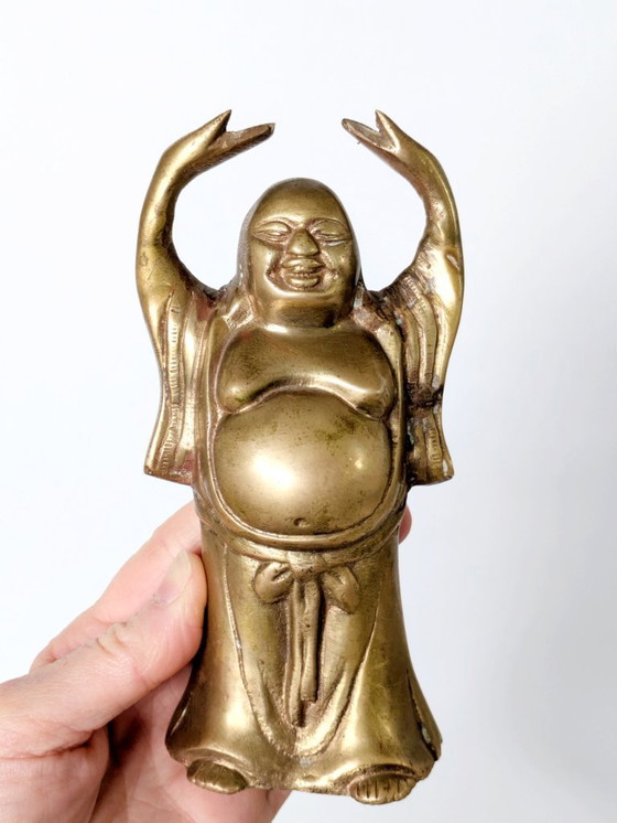 Image 1 of Coppia di statuette vintage in ottone raffiguranti il ​​Buddha sorridente | Decorazione Feng Shui Hotei Budai