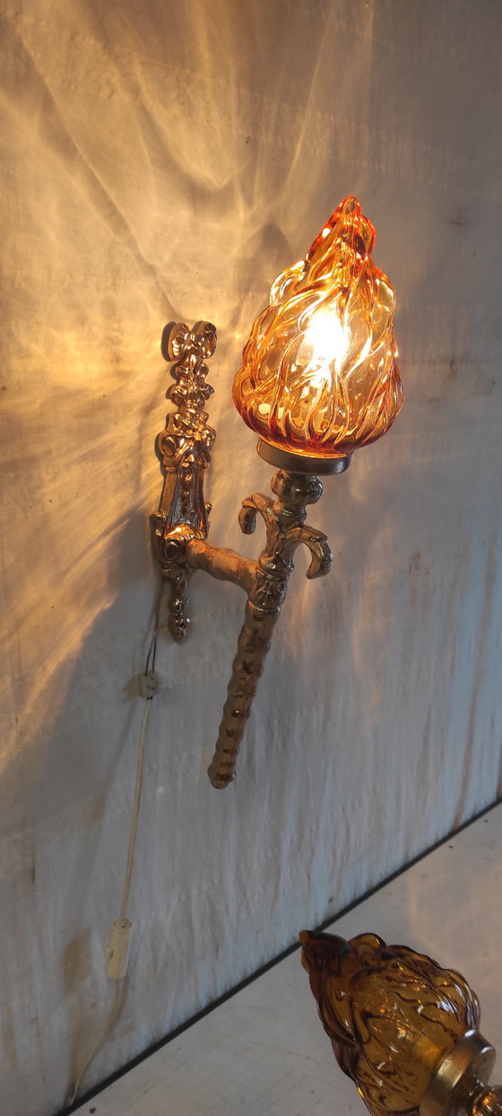 Image 1 of Torch-style wall sconces in gilded cast aluminum and glass - mid-20th century